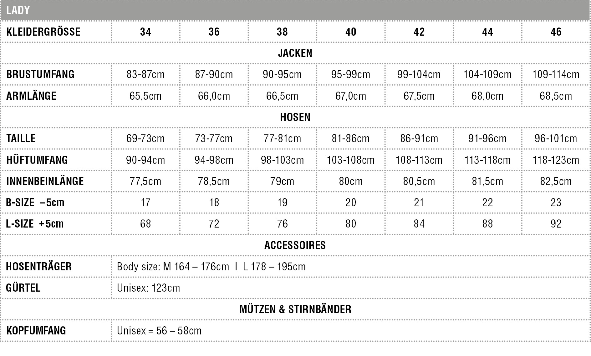 ZIENER Grössentabelle BE LADY