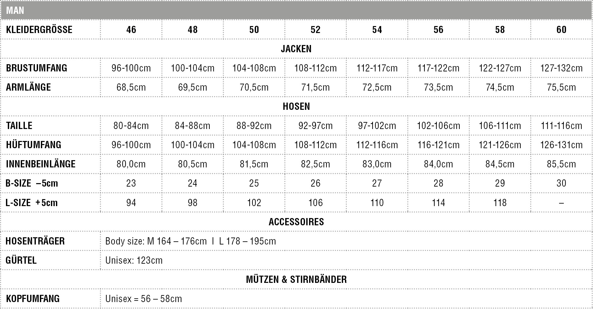 ZIENER Grössentabelle BE MAN